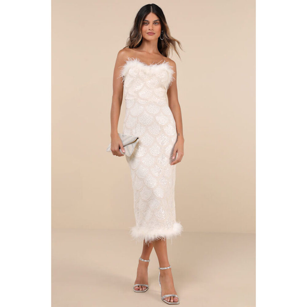 Lulus Uniquely Confident Cream Lace Feather Strapless Midi Dress White - Size XS